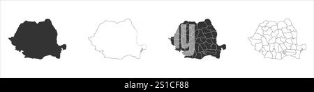 Romania set of three maps - solid map, outline map and map highlighting administrative divisions. Three distinct maps illustrate various representations of a geographical area. Stock Vector