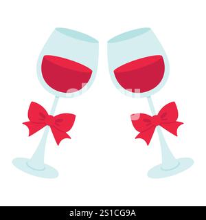 Two glasses with red wine. Valentine's day. Vector illustration in flat style. Stock Vector