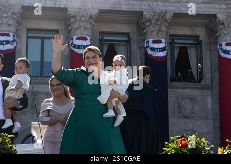 San Juan, USA. 02nd Jan, 2025. Governor Jenniffer González Colón waves at the crowd after being sworn-in as Puerto Rico's new governor in San Juan, Puerto Rico on Jan. 2, 2025. (Carlos Berríos Polanco/Sipa USA) Credit: Sipa USA/Alamy Live News Stock Photo