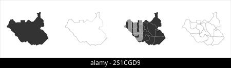 South Sudan set of three maps - solid map, outline map and map highlighting administrative divisions. Three distinct maps illustrate various representations of a geographical area. Stock Vector