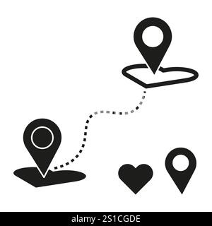 Route location icon. Navigation pin symbol. Black path vector. Heart shape detail. Stock Vector