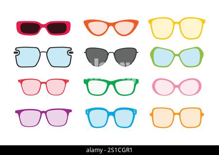Twelve pairs of glasses and sunglasses in various colors and styles. Stock Vector