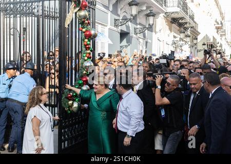 San Juan, USA. 02nd Jan, 2025. Governor Jenniffer González Colón opens the gates of the Governor's Palace for the first time after her swearing-in ceremony in San Juan, Puerto Rico on Jan. 2, 2025. (Carlos Berríos Polanco/Sipa USA) Credit: Sipa USA/Alamy Live News Stock Photo