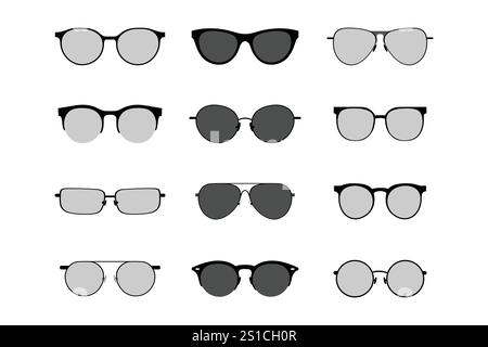 A collection of twelve diverse eyewear designs illustrating various shapes and styles of sunglasses and eyeglasses. Stock Vector