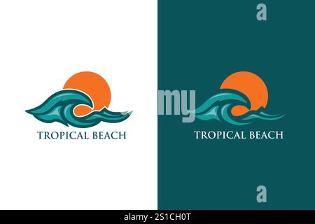 A stylized logo depicts a teal ocean wave curving around an orange sun representing a tropical beach. Stock Vector