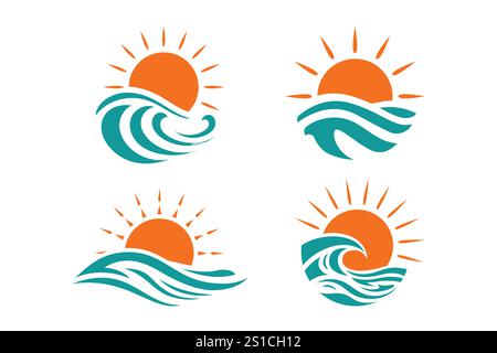 A collection of four simple graphic designs depicting a stylized sun setting over teal waves. Stock Vector