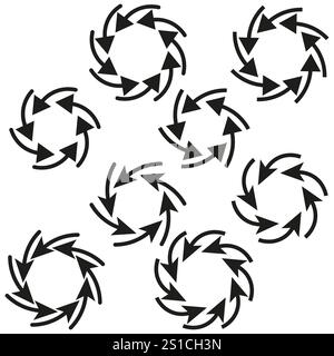Circular arrow icons. Rotating vector symbols. Abstract black shapes. Dynamic graphic design. Stock Vector