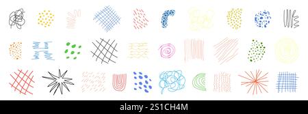 Curly lines, squiggles and different simple shapes set. Colorful pen linear scribbles collection. Hand drawn pencil lines and doodles. Rough bright color drawing strokes. Primitive stripes and grids Stock Vector