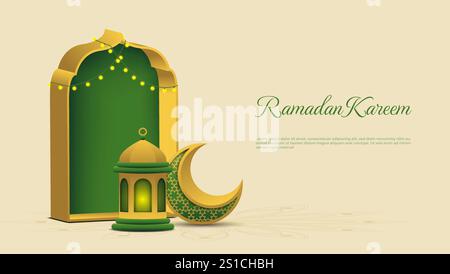 Ramadan Kareem background with 3d crescent, gate and lantern in green and gold color. islamic vector illustration Stock Vector