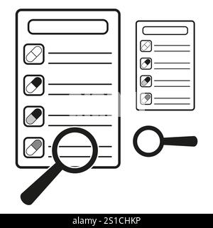 Checklist icon. Magnifying glass graphic. Document analysis tool. Vector inspection element. Stock Vector