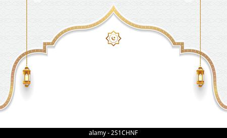 white and gold islamic arch background with lantern and space for text . islamic vector illustration Stock Vector