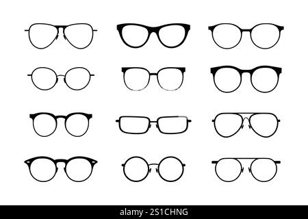 Silhouettes of twelve different eyeglass frame styles, featuring a variety of shapes and designs. Stock Vector