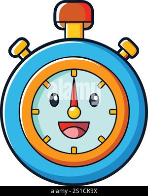 Cartoon stopwatch illustration with a cheerful face, vibrant colors, and playful design isolated on a white background Stock Vector