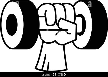 A black and white drawing of a hand holding a dumbbell with the letter O on the handle Stock Vector