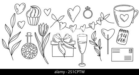 Hand drawn Valentine vector with hearts, bows, leaves, gifts, and a cupcake in black and white doodle style. Ideal for cards, invitations Stock Vector