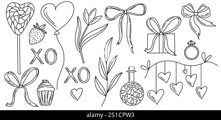 Hand drawn black and white Valentine-themed elements in doodle style, including bows, hearts, leaves, and gifts. Perfect for cards, invitations Stock Vector