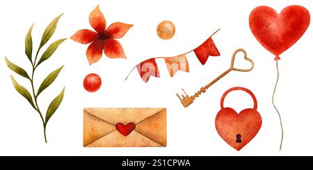 Hand drawn Valentine day watercolor illustration with a heart balloon, flower, leaves, lock, key, banner, and envelope. Red and green tones fit cards, Stock Photo