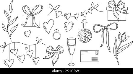 Hand drawn Valentine vector featuring hearts, bows, leaves, gifts, a ring, and a champagne glass in black and white doodle style. Ideal for wedding ca Stock Vector