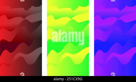 Red green and blue purple wavy abstract vertical background wallpapers set of three Stock Vector