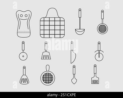 The image showcases a collection of kitchen utensils and tools depicted in simple line art on a light gray background Stock Vector