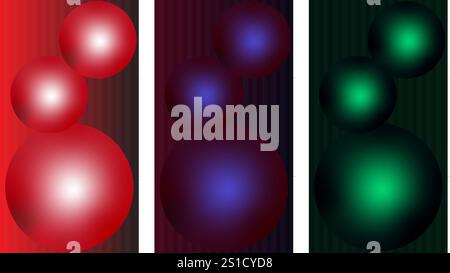 red blue purple and green glossy balls abstract vertical background wallpapers set of three Stock Vector