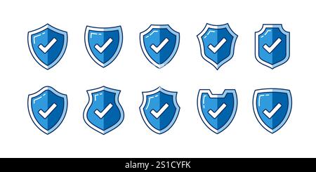 set of blue verified shield with editable stroke Stock Vector