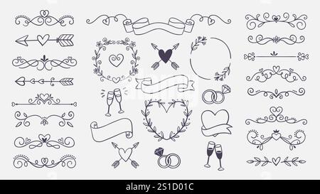 Cute hand-drawn lovely text decoration and doodle items, perfect for decorating Valentine Day gift cards and wedding invitation. A total of 30 isolate Stock Vector