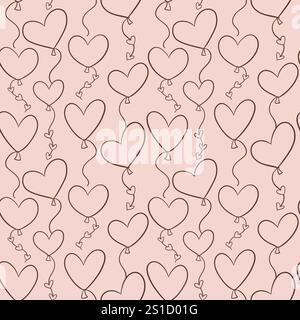 Cute hand-drawn heart shape balloon seamless pattern in doodle style, perfect for prints and decorative items. Vector illustration. Stock Vector