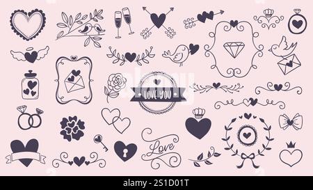 Cute hand-drawn heart shapes, text decoration and floral items in doodle style. Perfect for Valentine Day decoration and lovely design items. A total Stock Vector