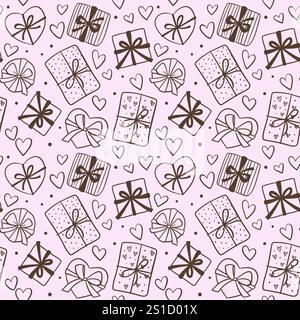 Cute hand-drawn Valentine Day seamless pattern in doodle style, full of gifts and heart shapes. Perfect for prints and decorative items. Vector illust Stock Vector