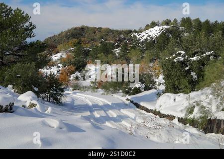 snow on mountain road in Etna Park, Sicily, Italy (2) Stock Photo