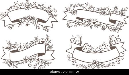 Cute hand-drawn floral ribbon in doodle style, perfect for decorating gift cards, prints and crafting projects. A total of 4 isolated ribbons. Vector Stock Vector