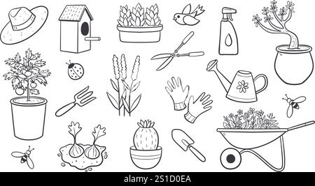 Cute hand-drawn gardening doodle set, perfect for decorationg your crafting projects. A total of 20 isolated items. Vector illustration. Stock Vector