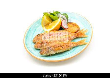 Delicious grilled red mullet fish with garnishes like lemon, greens and onions on white background Stock Photo