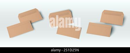 Brown open paper mail mockup. Kraft closed envelope set. 3d realistic vintage blank stationary for bill or brochure. Recycled office document long package with cardboard texture design template Stock Vector