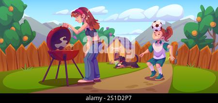 Backyard barbecue scene with young woman grilling at kettle while energetic girl plays soccer nearby. Small dog resting next to wooden home kennel in garden setting with mountains on background. Stock Vector