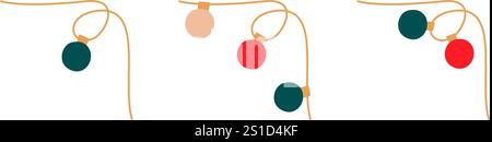 Christmas lights angular garland with colored circle bulbs set. Glowing Xmas festive string decoration hanging retro lamps lightbulb for holiday cards Stock Vector