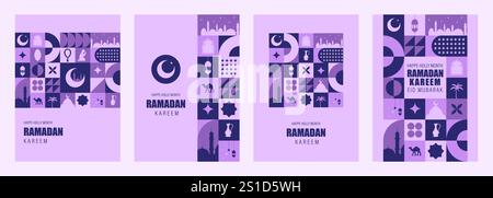 Ramadan Kareem. Set of Abstract backgrounds for Islamic holiday. Modern neo geometric pattern in purple colors. Vector illustration in bauhaus style Stock Vector
