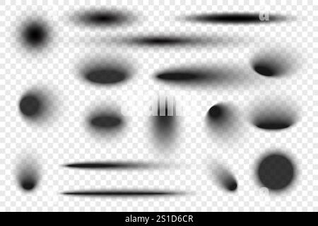 Circle shadows with blurred effect. Realistic oval black transparent drop shapes. Circular gradient shades on surface. Dark soft edge ellipses vector Stock Vector