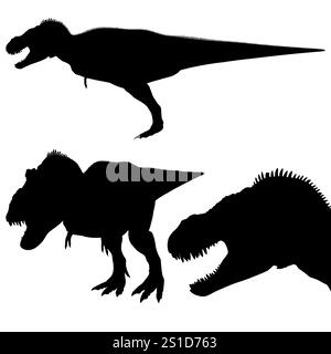 The three dinosaur silhouettes are all different types of dinosaurs. The first one is a T-Rex, the second one is a Triceratops, and the third one is a Stock Vector