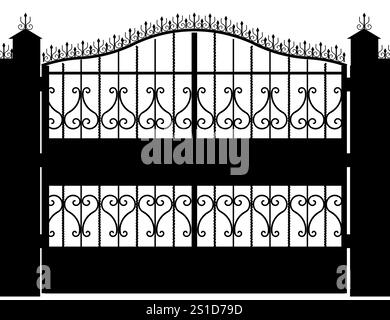 Black and white image of a gate with a lot of ornate designs. The gate is open and the gate is closed Stock Vector