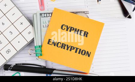 The concept of technology . The conceptual text of CYPHER ENCRYPTION it is written on a sticker on the background of an open notebook. Stock Photo