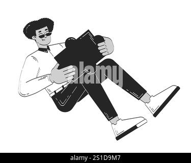 Business casual hispanic man holding large puzzle piece reclining doodle linear character Stock Vector
