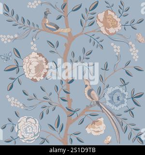 Chinoiserie style floral seamless pattern on blue background. Stock Vector
