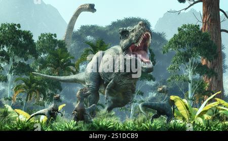 Tyrannosaurus and velociraptor walking through the forest. This Dinosaur lived in the late Cretaceous period. This is a 3d render illustration Stock Photo