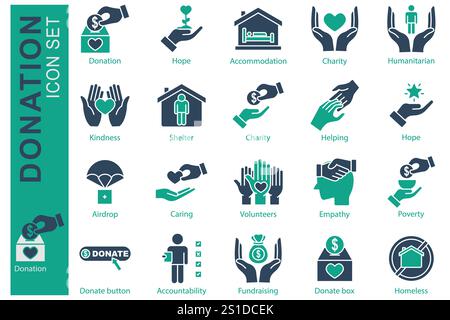 Donation icon set. solid icon style. icon related to charity. kindness, donate box, humanitarian, and more. donation and charity element vector illust Stock Vector