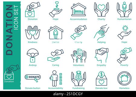 Donation icon set. line icon style. icon related to charity. kindness, donate box, humanitarian, and more. donation and charity element vector illustr Stock Vector
