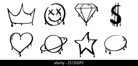 Graffiti y2k groovy tattoo hand drawn paint with splatter street drawing. Heart, smile arrow elements, ink print. Trendy splash brush illustrations. Vector illustration Stock Vector