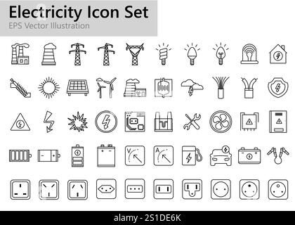 Electricity and power outline icons set. Stock Vector