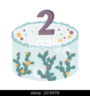 Cute bento cake with prickly pear cactus and number 2 lighting candle. Happy Birthday design element, neutral palette for kids and adults Stock Vector